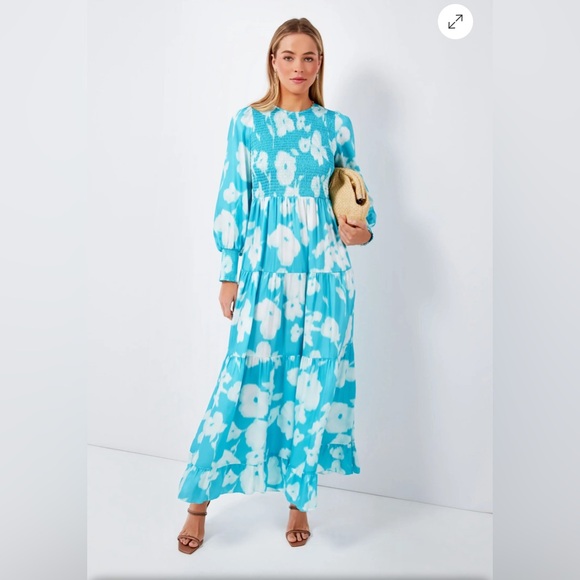 NWT TUCKERNUCK Turquoise Watercolor Floral Libby Dress Size Large - Picture 2 of 16